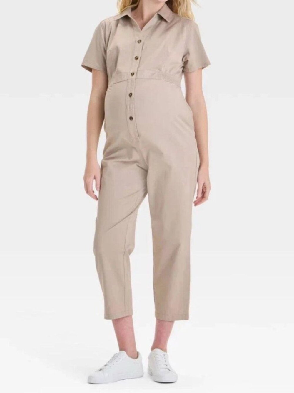 Isabel Maternity Women’s Large beige NWT short-sleeve utility jumpsuit